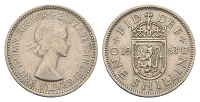 Великобритания 1 шиллинг 1953 год-тип, Елизавета II (1952-2022), Шотландский герб KM 891, Spink 4140 медно-никель 4699-453