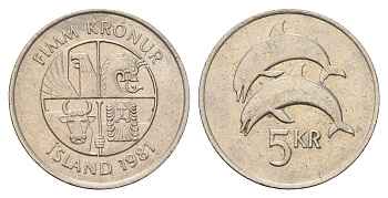 Исландия 5 крон 1981 дельфины KM 28 медно-никель 4591-915
