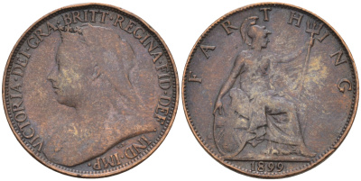 Великобритания 1 фартинг 1899 Виктория (1837-1901) KM 788.2, Spink 3964 бронза 4588-532