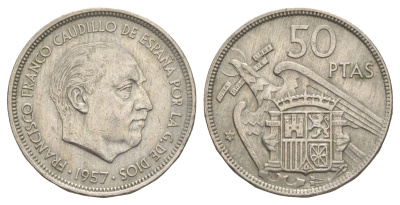 Испания 50 песет 1957 (59) Франсиско Франко (1939-1975) KM 788 медно-никель 4385-316