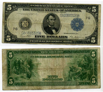 США 5 долларов 1914 Чикаго (7G), Авраам Линкольн, голубая серия, подпись WHITE-MELLON Pick 359b бумага 451-197-1