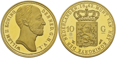 Нидерланды медаль ND 10 гульденов 1842, Виллем II король Нидерландов, официальная реплика, диаметр 26 мм., вес 9,97 гр., позолота  серебро  PROOF  11-117-43