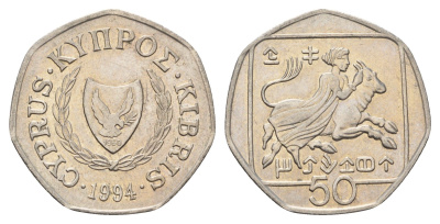 Кипр 50 центов 1994 похищение Европы KM 66 медно-никель 4700-1142