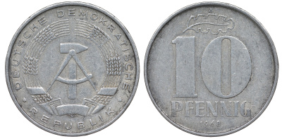 ГДР 10 пфеннигов 1968 A KM 10 алюминий 62-747