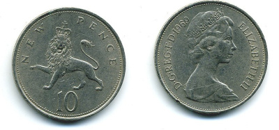 Великобритания 10 пенсов 1969 Елизавета II (1952-2022) KM 912, Spink 4231 (F1) медно-никель  4110-1143