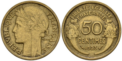 Франция 50 сантимов 1933 KM 894.1, Le Franc 192.15 алюминиевая бронза 4158-669