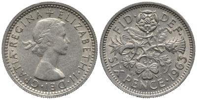 Великобритания 6 пенсов 1963 Елизавета II (1952-2022) KM 903, Spink 4149 медно-никель 192-849