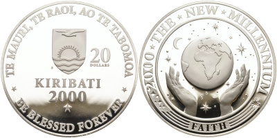 Кирибати 20 долларов 2000 миллениум, вера, космос KM 39 серебро PROOF 06-134-11