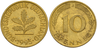 ФРГ 10 пфеннигов 1995 J J. 383, KM 108 сталь плакированная латунью    4603-721