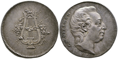 ШВЕЦИЯ МЕДАЛЬ 1792-1809 КАРЛ БЕЛЛМАН, ПОЭТ И КОМПОЗИТОР, 27,4 мм, 8,4 гр, в оригинальной коробке Hildebrand S. 235 серебро UNC 6-3-1-19