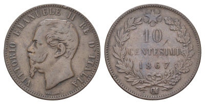 Италия 10 чентезимо 1867 OM, Виктор Эммануил II (1861-1878) KM 11.5 медь 4667-424