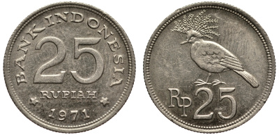 Индонезия 25 рупий 1971 венценосный голубь KM 34 медно-никель 4390-843