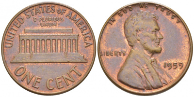 США 1 цент 1959 Авраам Линкольн KM 201 медь цинк UNC 3309-227