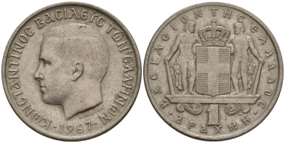 Греция 1 драхма 1967 Константин II (1964-1973) KM 89 медно-никель 4159-852