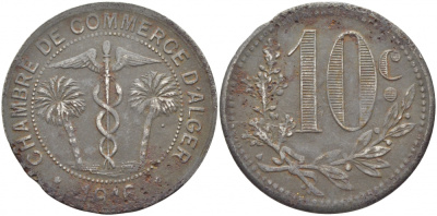 Алжир, Французская оккупация 10 сантимов 1916 Alger Chamber of Commerce KM TnA6 железо 114-921