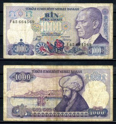 Турция 1000 лир 1986 L.1970, Кемаль Ататюрк, серия F45 Pick 196(2) бумага 8602-14-3-1