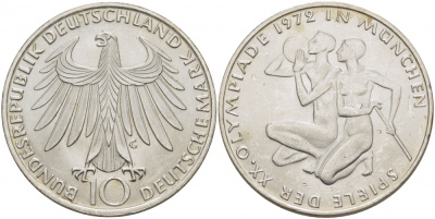 ФРГ 10 марок 1972 G, XX летние Олимпийские Игры, Мюнхен 1972, спортсмены KM 132, J. 403 серебро UNC 3457-414