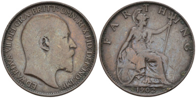 Великобритания 1 фартинг 1902 Эдуард VII (1901-1910), KM 792, Spink 3992 бронза 4115-651