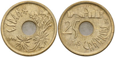 Испания 25 песет 1994 Канарские острова (CANARIAS), Хуан Карлос I (1975-2014) KM 933 никель бронза 4597-147