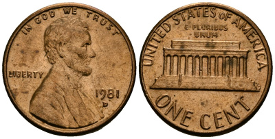 США 1 цент 1981 D, Линкольн KM 201 медь цинк 4136-214