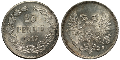 Россия для Финляндии 25 пенни 1917 S, временное правительство, без короны KM 19, Биткин 2 серебро 75-1522