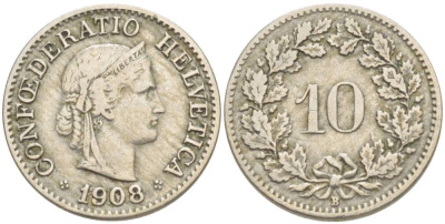 ШВЕЙЦАРИЯ 10 РАППЕНОВ 1908 В KM 27 медно-никель 4541-343