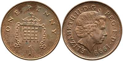 Великобритания 1 пенни 1999 Елизавета II (1952-2022) KM 986, Spink 4710 (B5) сталь плакированная медью 4382-1151