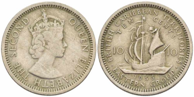Британские Восточно-Карибские территории 10 центов 1955 Елизавета II (1952-2022), парусник KM 5 медно-никель 105-522