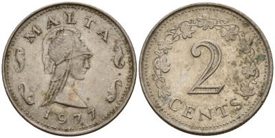 Мальта 2 цента 1977 Пентесилея, царица амазонок KM 9 медь цинк 4154-669