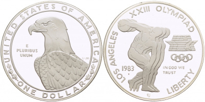 США 1 доллар 1983 XXII Олимпийские игры в Лос-Анжелесе, дискобол, S KM 209 серебро PROOF 06-255-11