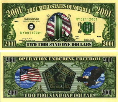 США 2001 ДОЛЛАР 2001 СУВЕНИРНАЯ БАНКНОТЫ, БАШНИ БЛИЗНЕЦЫ И ПЕНТАГОН, ТЕРРОРИСТИЧЕСКАЯ АТАКА 11 СЕНТЯБРЯ 2001 ГОДА бумага UNC (ПРЕСС) 7198-36-3-1