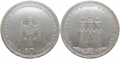 ФРГ 10 марок 1989 J, 800 лет порту Гамбурга J. 448, KM 171 серебро 109-732