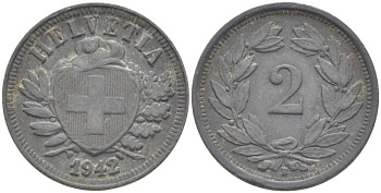 Швейцария 2 раппена 1942 В KM 4.2b цинк 4532-641