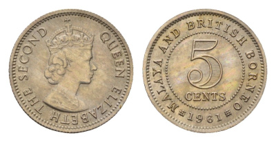 Малайя и Британское Борнео 5 центов 1961 Елизавета II (1952-2022), британские колония KM 1 медно-никель 4679-667