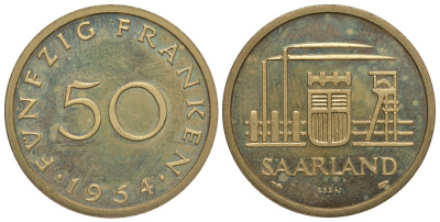 Саарланд 50 франков 1954 ESSAI, пробный выпуск KM E5 PROOF 00-812-49