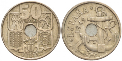 Испания 50 сентимо 1949 (54) Франсиско Франко (1939-1975), морская атрибутика KM 777 медно-никель 4547-1217