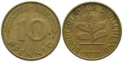 ФРГ 10 ПФЕННИГОВ 1978 D KM 108, J.383 сталь плакированная латунью 41-1027