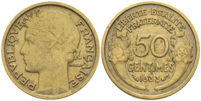 ФРАНЦИЯ 50 САНТИМОВ 1933 CLOSED 9 KM 894.1 алюминиевая бронза 3309-1031