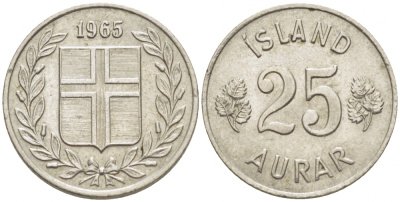 Исландия 25 эйре 1965 KM 11 медно-никель 3996-1045