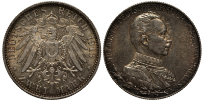 Пруссия 2 марки 1913 A, Вильгельм II (1888-1918), 25 лет правления (мундир) Weege 111, J. 111, KM 533 серебро 3711-835