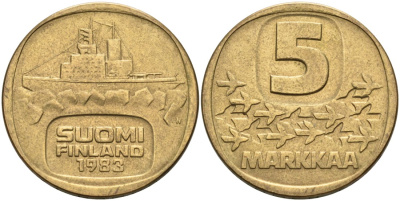 ФИНЛЯНДИЯ 5 МАРОК 1983 N, ЛЕДОКОЛ "URHO" KM 57 алюминиевая бронза 217-636