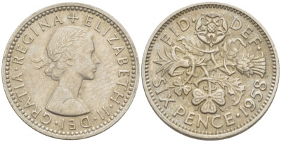 Великобритания 6 пенсов 1958 Елизавета II (1952-2022) KM 903, Spink 4149 медно-никель 3718-248