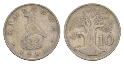 Зимбабве 10 центов 1991 птица-идол, баобаб KM 3 медно-никель 4655-753