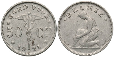 БЕЛЬГИЯ 50 САНТИМОВ 1923 BELGIE, АЛЬБЕРТ I (1909-1934) KM 88 никель 27-116