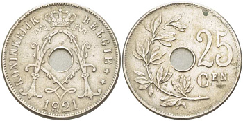 Бельгия 25 сантимов 1921 Belgie, Альберт I (1909-1934) KM 69 медно-никель 210-1053