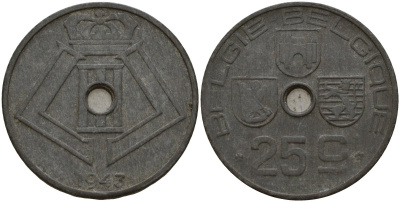 Бельгия 25 сантимов 1943 Belgie - Belgique, Леопольд III (1934-1947), германская оккупация, Вторая мировая война KM 132 цинк 4157-544