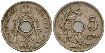 Бельгия 5 сантимов 1925 Belgie KM 67 медно-никель 4602-123