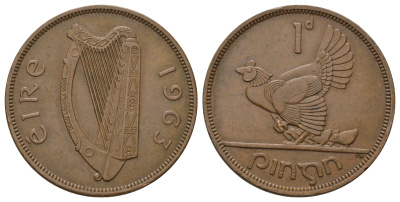 Ирландия 1 пенни 1963 курица с цыплятами KM 11 бронза 4512-1222