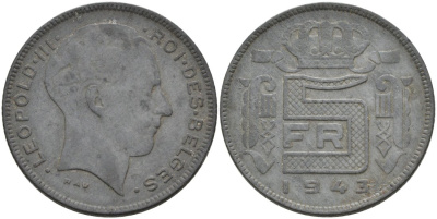 Бельгия 5 франков 1943 Belges KM 129 цинк 51-2137