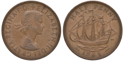 Великобритания 1/2 пенни 1964 Елизавета II (1952-2022) KM 896, Spink 4158 бронза 4146-1031